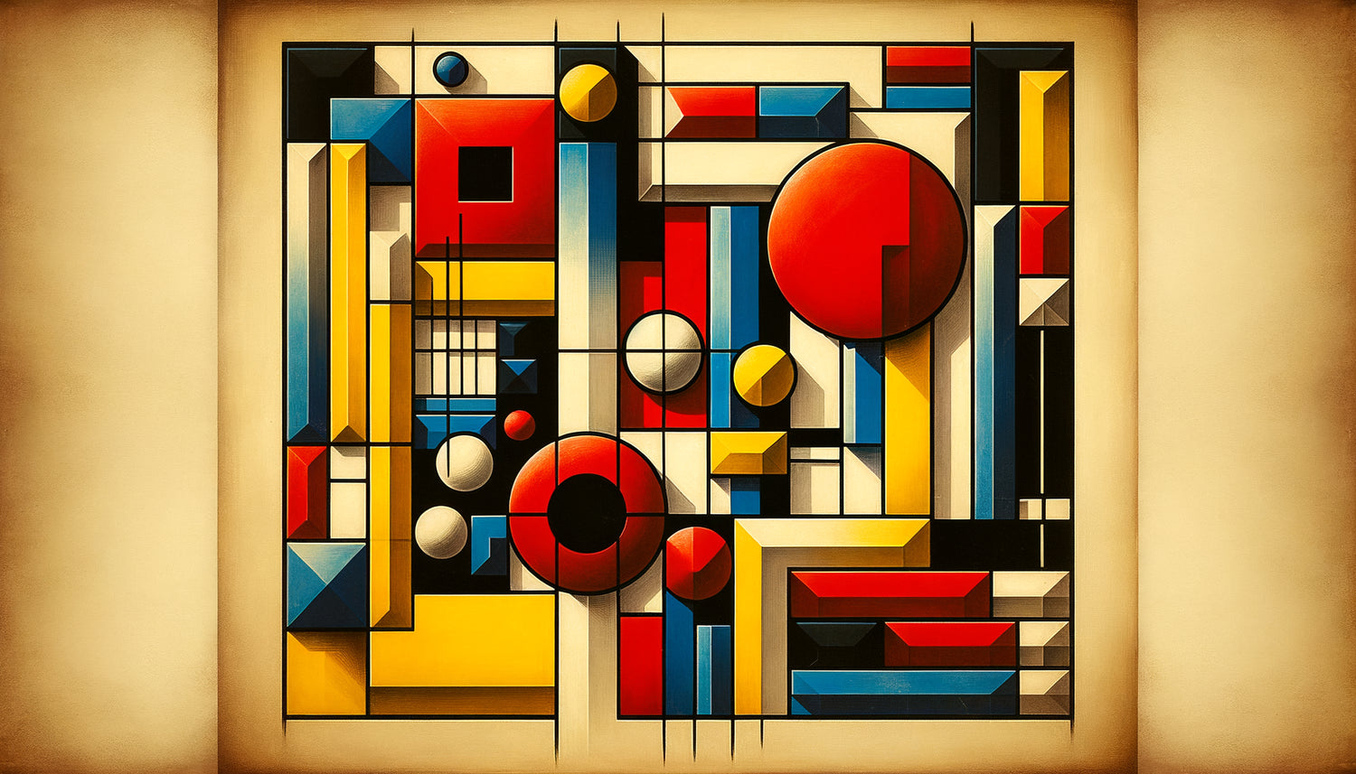 Peinture abstraite géométrique des années 1920, formes pures et couleurs primaires, esthétique non-figurative avant-gardiste