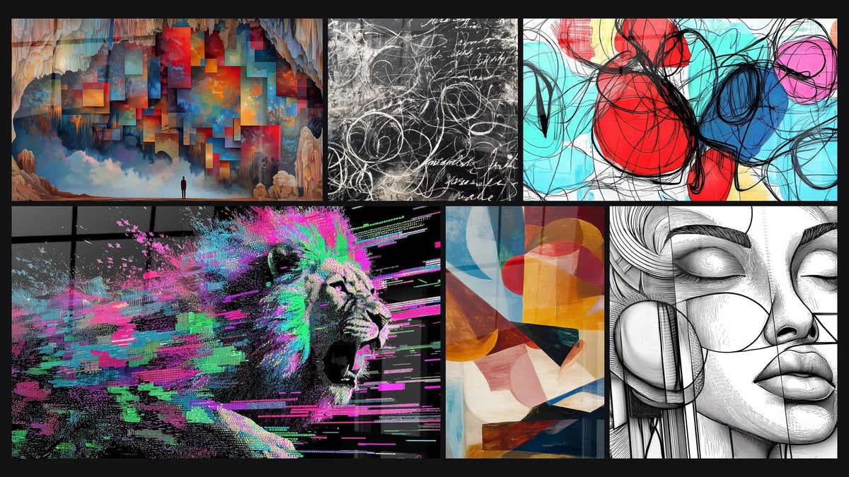 Mosaïque de six tableaux, dont Caverne Digitale, Formes géométriques abstraites et Calligraphie abstraite