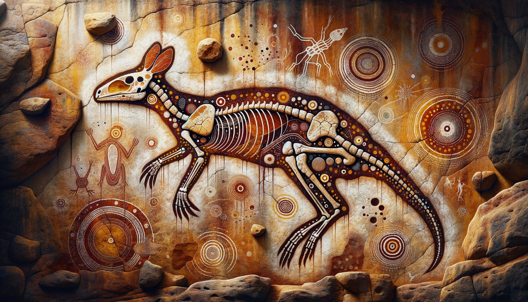 Art rupestre aborigène authentique montrant des animaux totémiques en style à rayons X avec pigments ocre sur paroi rocheuse