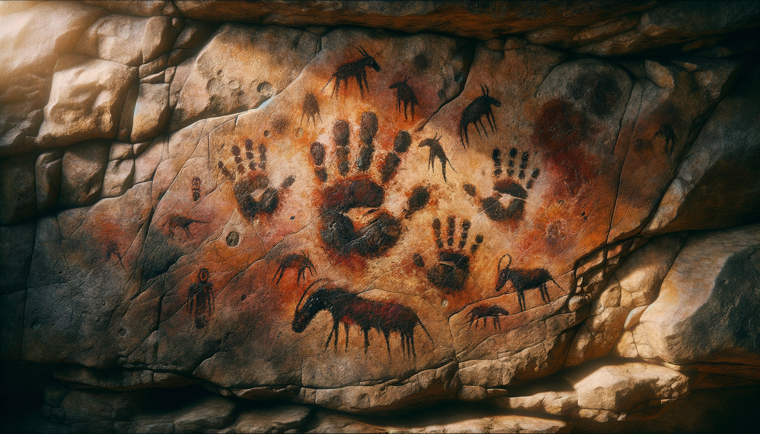 Peinture rupestre africaine préhistorique aux pigments d'hématite ocre-rouge sur paroi de grotte, art ancestral de 70 000 ans