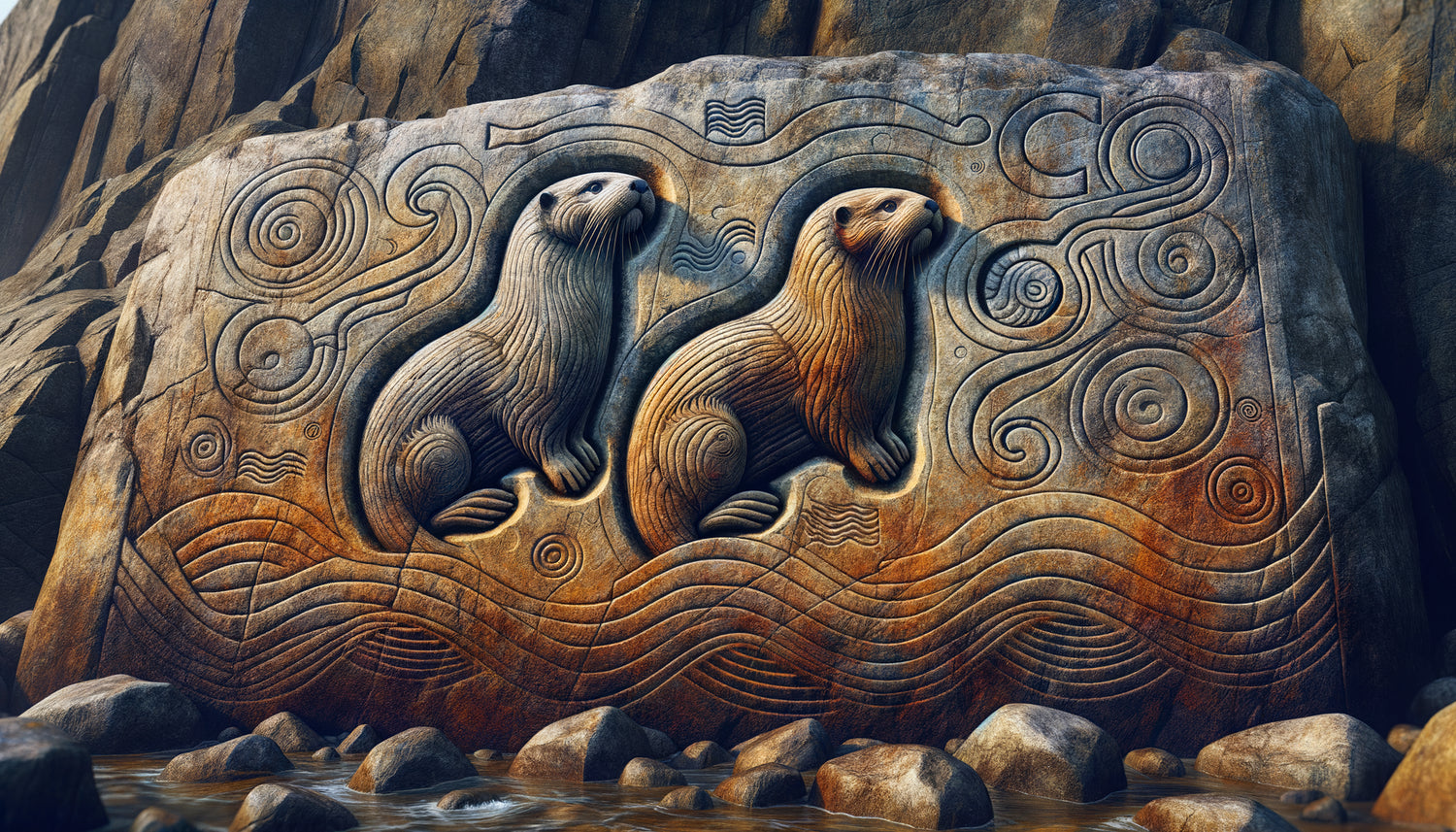 Gravure rupestre préhistorique montrant deux loutres distinctes : loutre marine massive et loutre fluviale élancée, art rupestre côtier ancestral