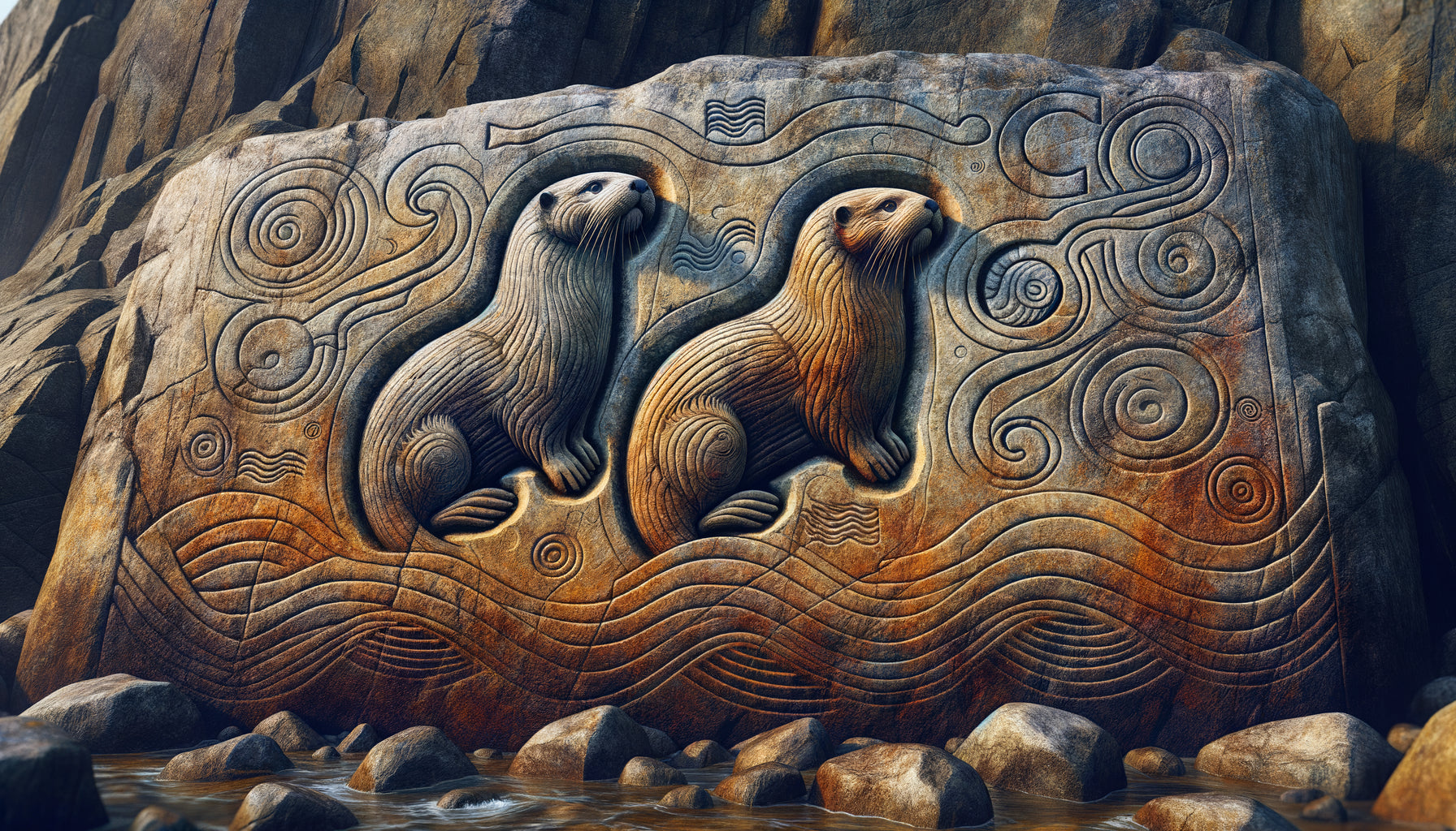 Gravure rupestre préhistorique montrant deux loutres distinctes : loutre marine massive et loutre fluviale élancée, art rupestre côtier ancestral