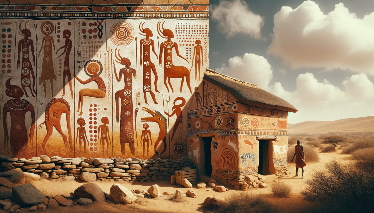 Composition comparant l'art rupestre néolithique saharien et les peintures murales contemporaines subsahariennes montrant la continuité esthétique millénaire