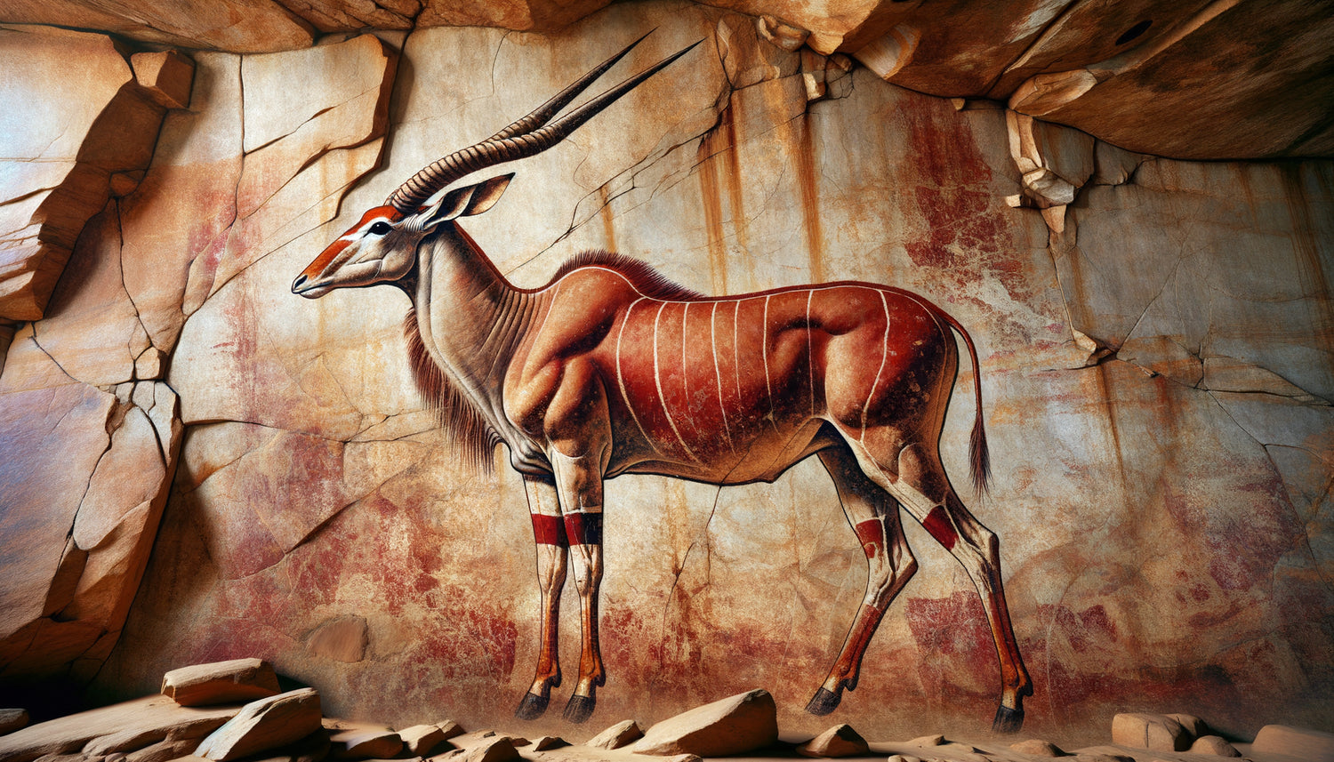 Peinture rupestre San d'Afrique du Sud montrant un éland avec précision anatomique exceptionnelle, pigments ocre sur roche