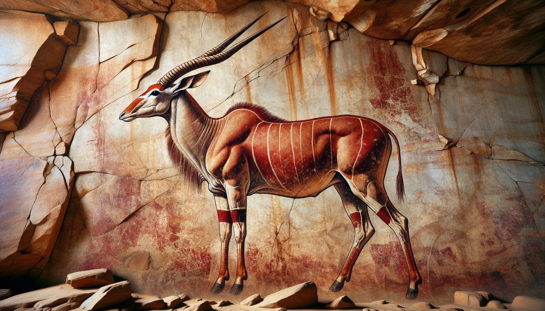 Peinture rupestre San d'Afrique du Sud montrant un éland avec précision anatomique exceptionnelle, pigments ocre sur roche