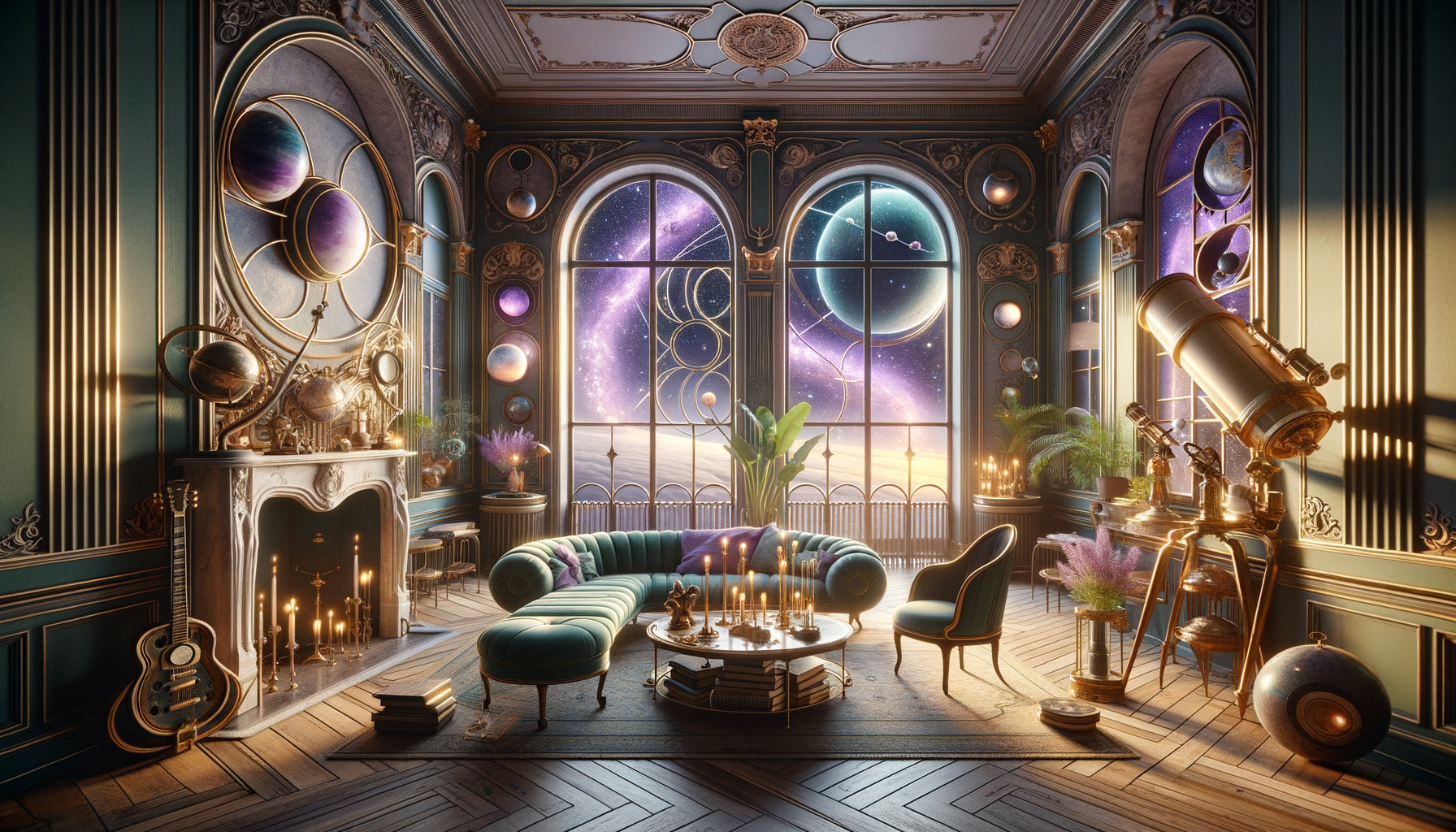 Intérieur européen raffiné avec grandes fenêtres donnant sur un cosmos onirique, mobilier aux lignes organiques inspirées de Moebius, instruments astronomiques vintage de style Jules Verne, ambiance poétique et contemplative