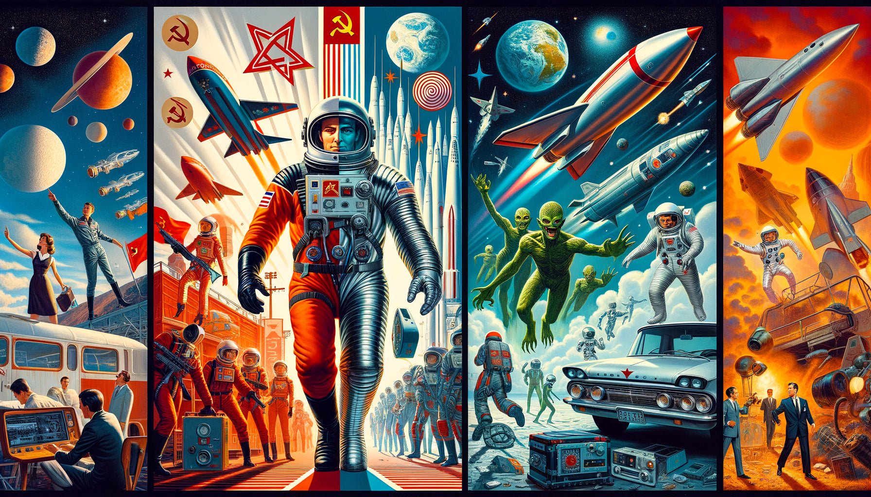 Comparaison visuelle entre affiche spatiale soviétique réaliste années 1960 et couverture science-fiction américaine pulp de la même époque