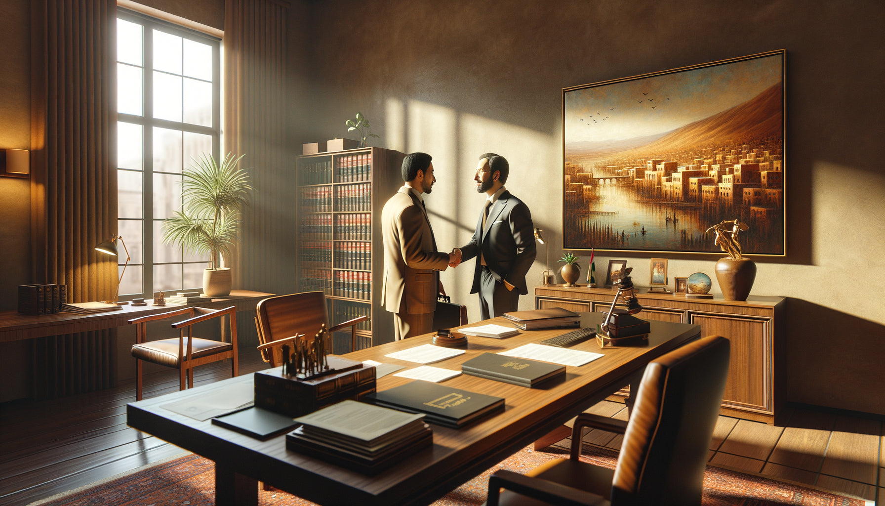 Avocat et client échangeant devant une œuvre d'artiste local dans un cabinet juridique chaleureux et ancré territorialement