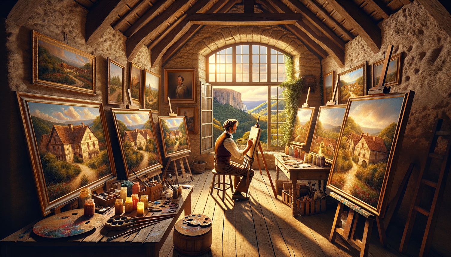 Atelier d'artiste contemporain régional avec œuvres inspirées du territoire local et paysage visible par la fenêtre