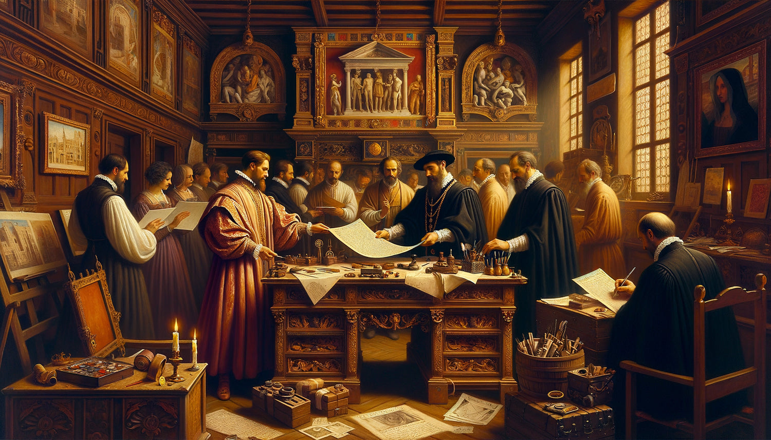 Scène d'atelier Renaissance florentin : artiste et mécène négociant un contrat de fresque devant notaire, style peinture italienne 15ème siècle