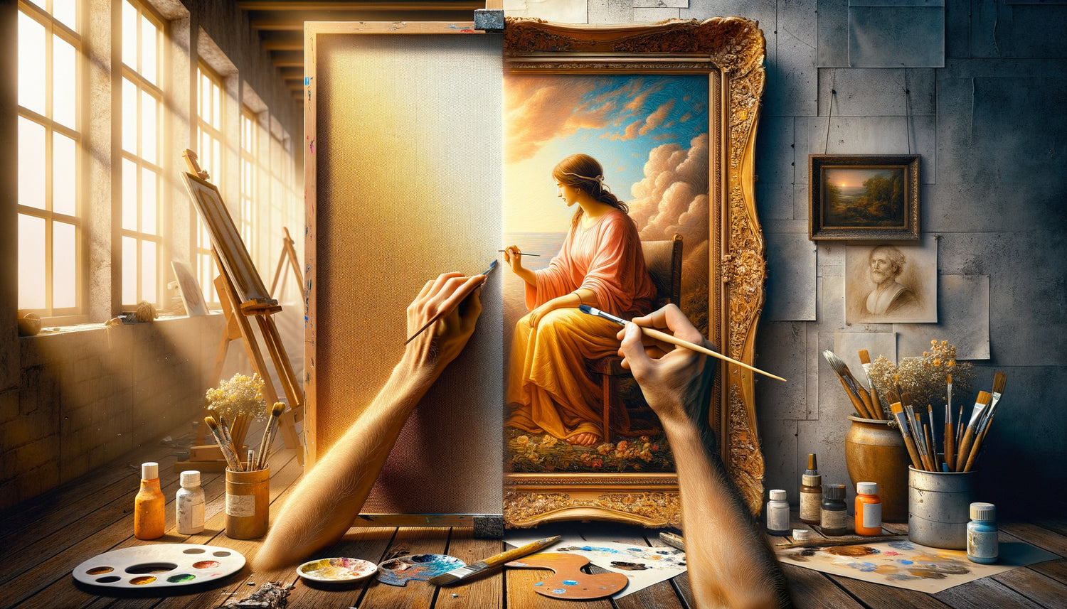 Composition symbolique opposant création artistique contemporaine vivante et œuvre patrimoniale historique encadrée, représentant la dualité temporelle du don d'art