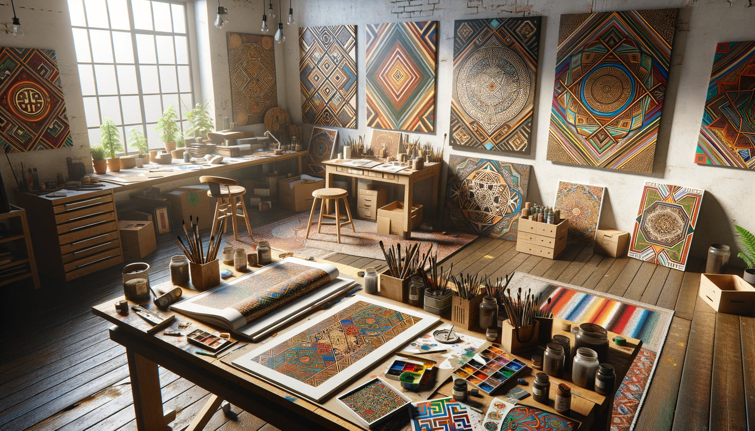 Atelier d'artiste contemporain montrant création multiculturelle fusionnant motifs africains, asiatiques et latino-américains sur toiles modernes