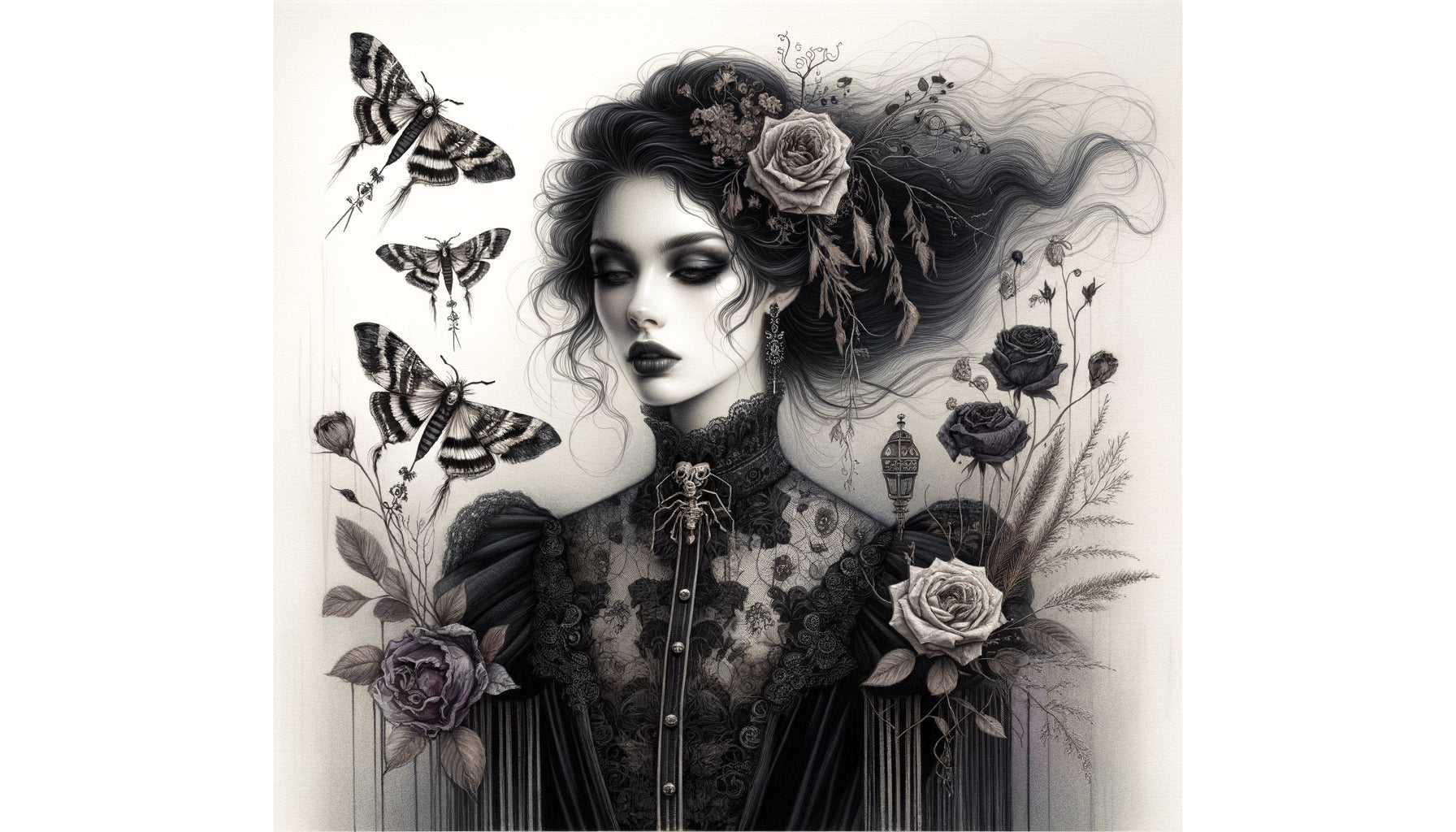 Illustration gothique contemporaine raffinée style Rovina Cai, portrait élégant aux tons sombres et délicats, esthétique Halloween haut de gamme