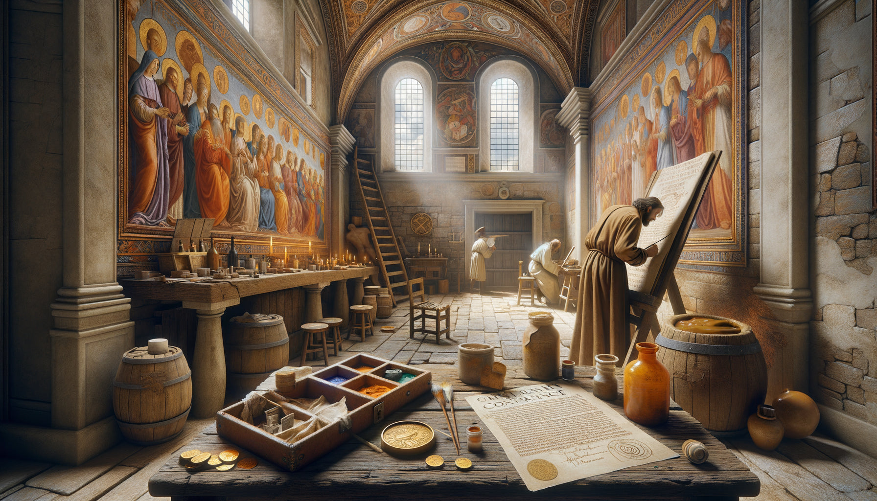 Atelier de fresque Renaissance italien années 1500, artiste au travail avec contrat et sceaux, scène documentaire historique authentique