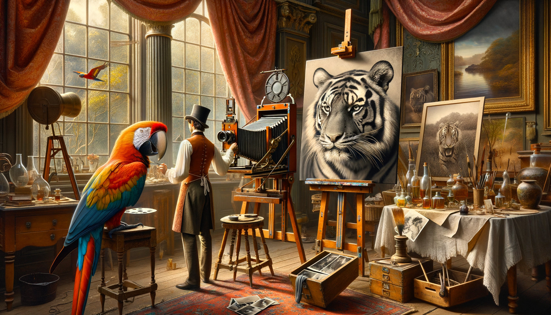 Atelier d'artiste victorien 1860 combinant photographie primitive et peinture à l'huile pour documenter tigre et perroquets exotiques