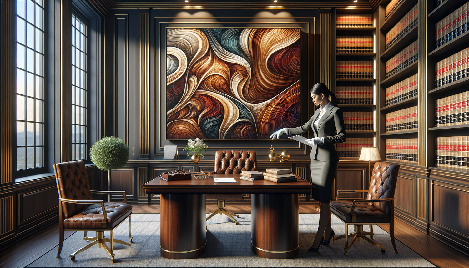 Expert évaluant une œuvre d'art de valeur dans un cabinet juridique prestigieux pour assurance spécialisée