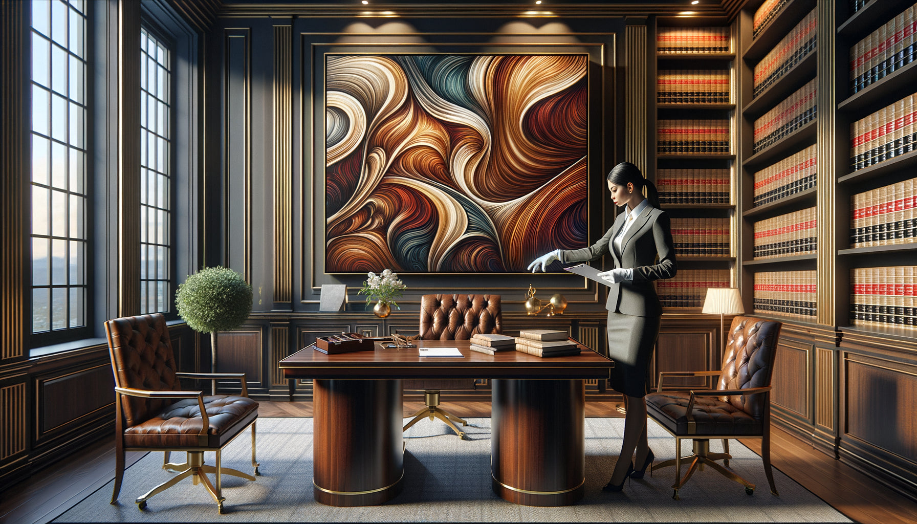 Expert évaluant une œuvre d'art de valeur dans un cabinet juridique prestigieux pour assurance spécialisée
