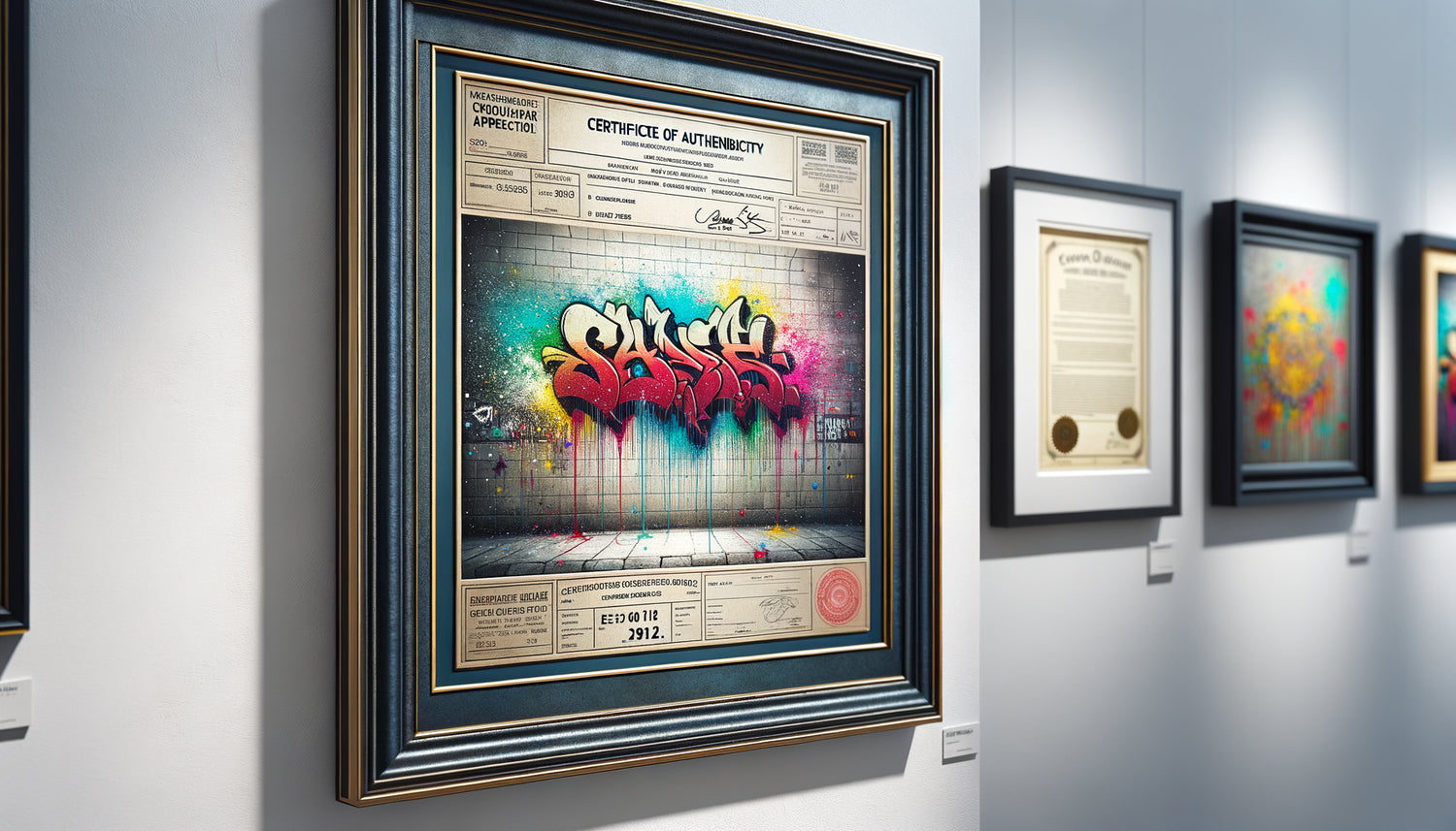 Tableau street art encadré et sécurisé avec certificat d'authenticité, illustrant la protection des œuvres urbaines de valeur