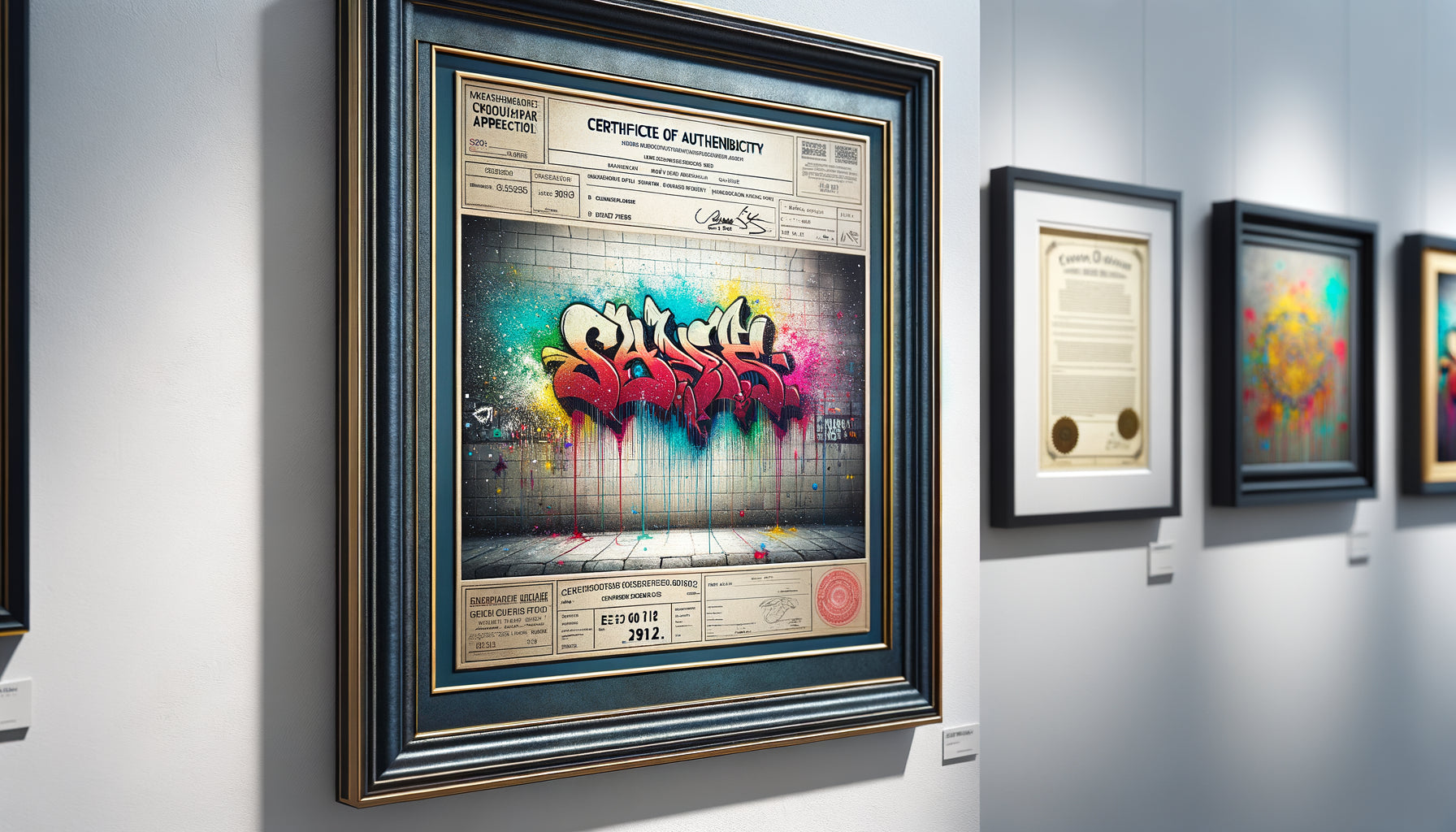 Tableau street art encadré et sécurisé avec certificat d'authenticité, illustrant la protection des œuvres urbaines de valeur