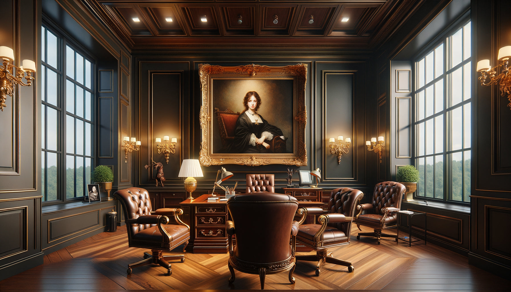 Tableau de maître dans cadre doré accroché dans cabinet professionnel élégant avec système de sécurité discret