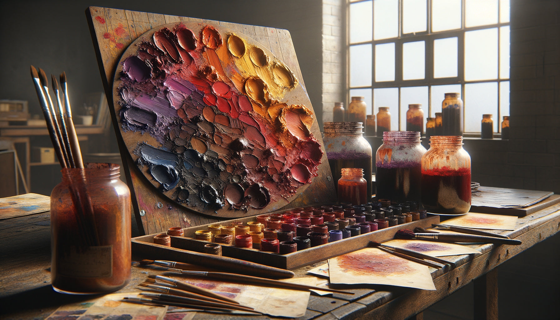 Palette d'atelier années 1950 avec pigments abstraits expressionnistes dans les tons Rothko, pots de couleurs et pinceaux vintage
