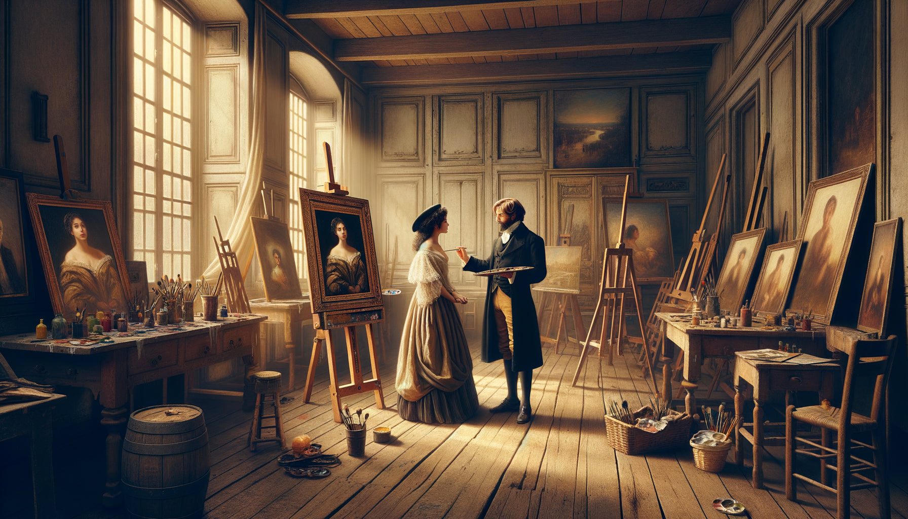 Artiste du 19ème siècle offrant un portrait à son modèle dans un atelier parisien, moment de reconnaissance mutuelle