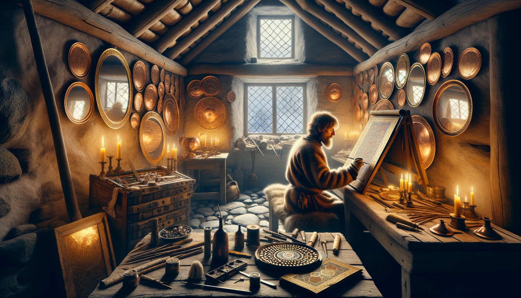 Atelier d'artiste nordique médiéval avec miroirs de cuivre poli reflétant la lumière hivernale rare sur un manuscrit enluminé