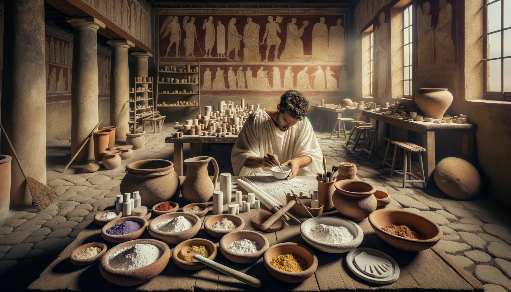 Artisan romain testant des pigments blancs dans un atelier de fresquistes à Pompéi, 1er siècle après J.-C.