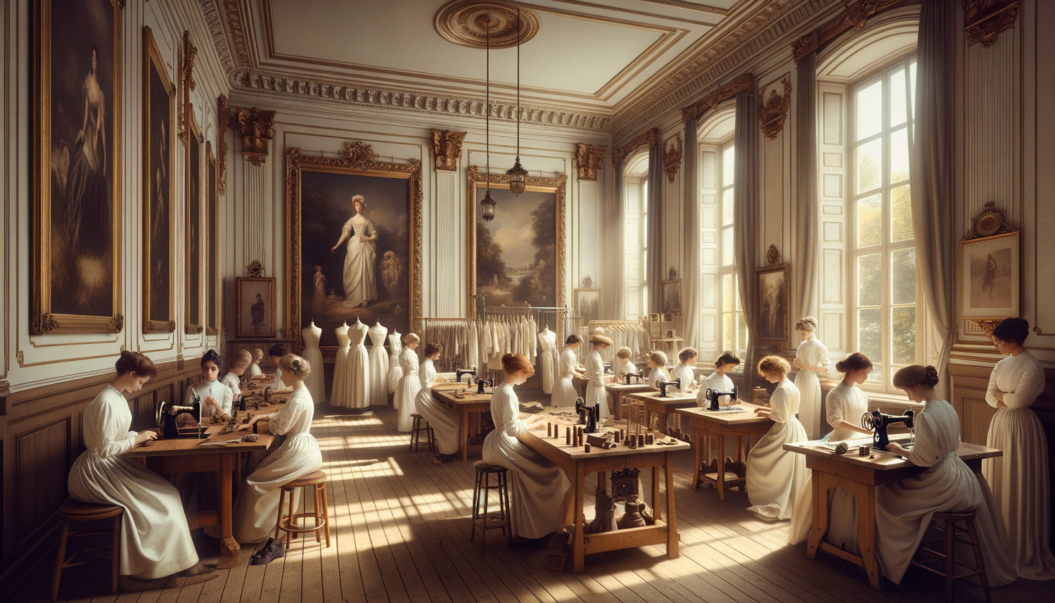 Atelier de haute couture parisien Belle Époque avec apprenties et murs ornés d'œuvres d'art pédagogiques classiques