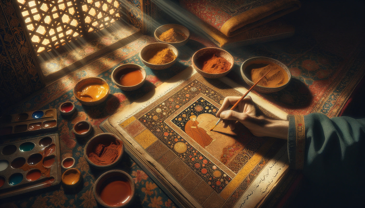 Atelier de miniaturiste persan safavide du 17e siècle à Ispahan utilisant le pigment terre de Sienne toscan