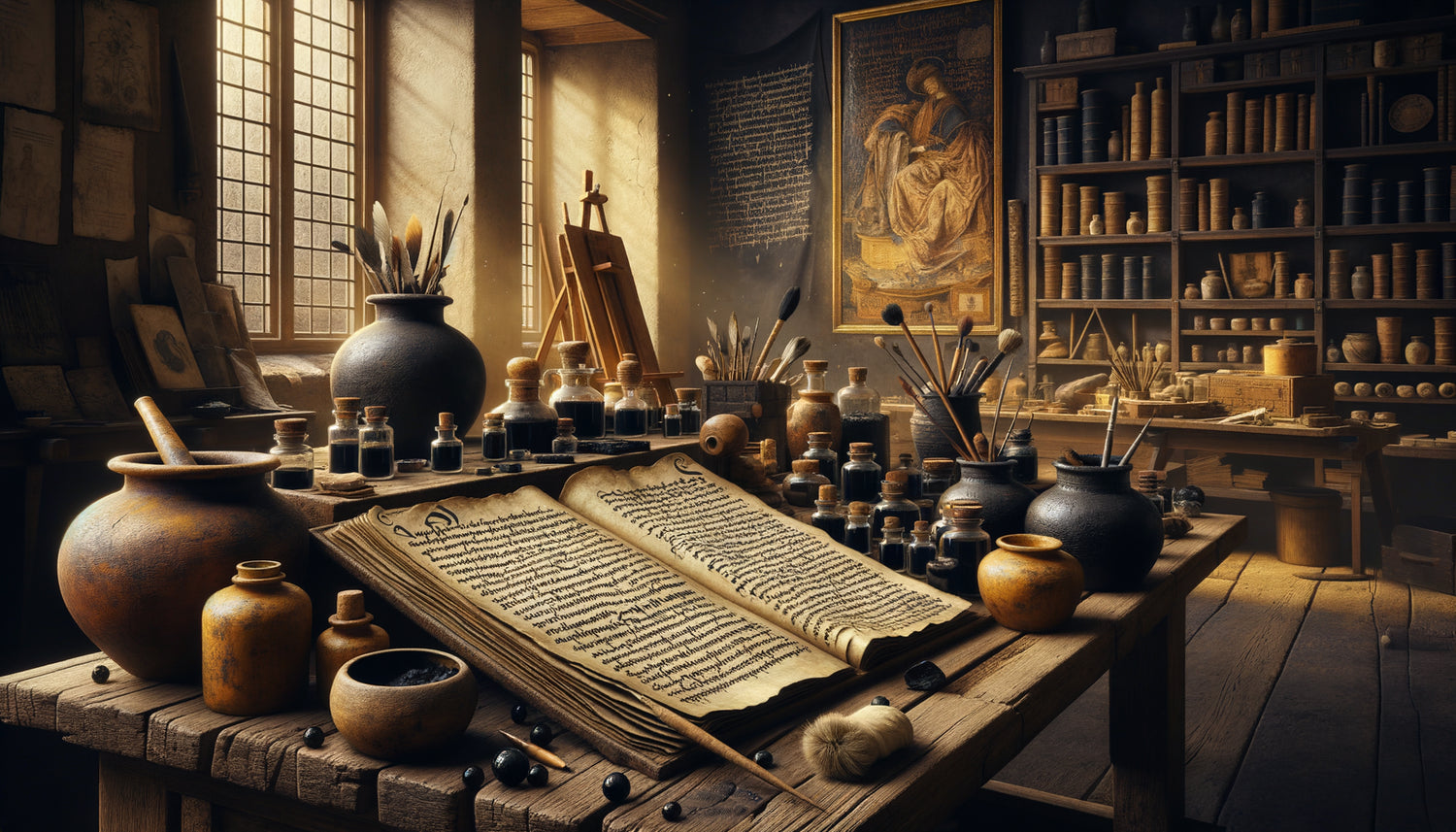 Atelier d'artiste Renaissance XVIe siècle avec manuscrits de recettes de pigments noirs sur table en bois
