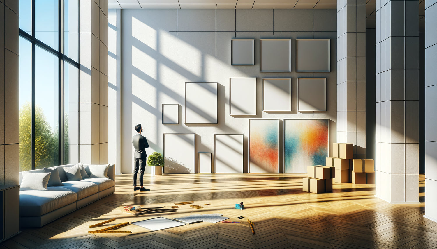 Appartement contemporain avec tableaux posés au sol en attente d'accrochage, lumière naturelle révélant les zones optimales