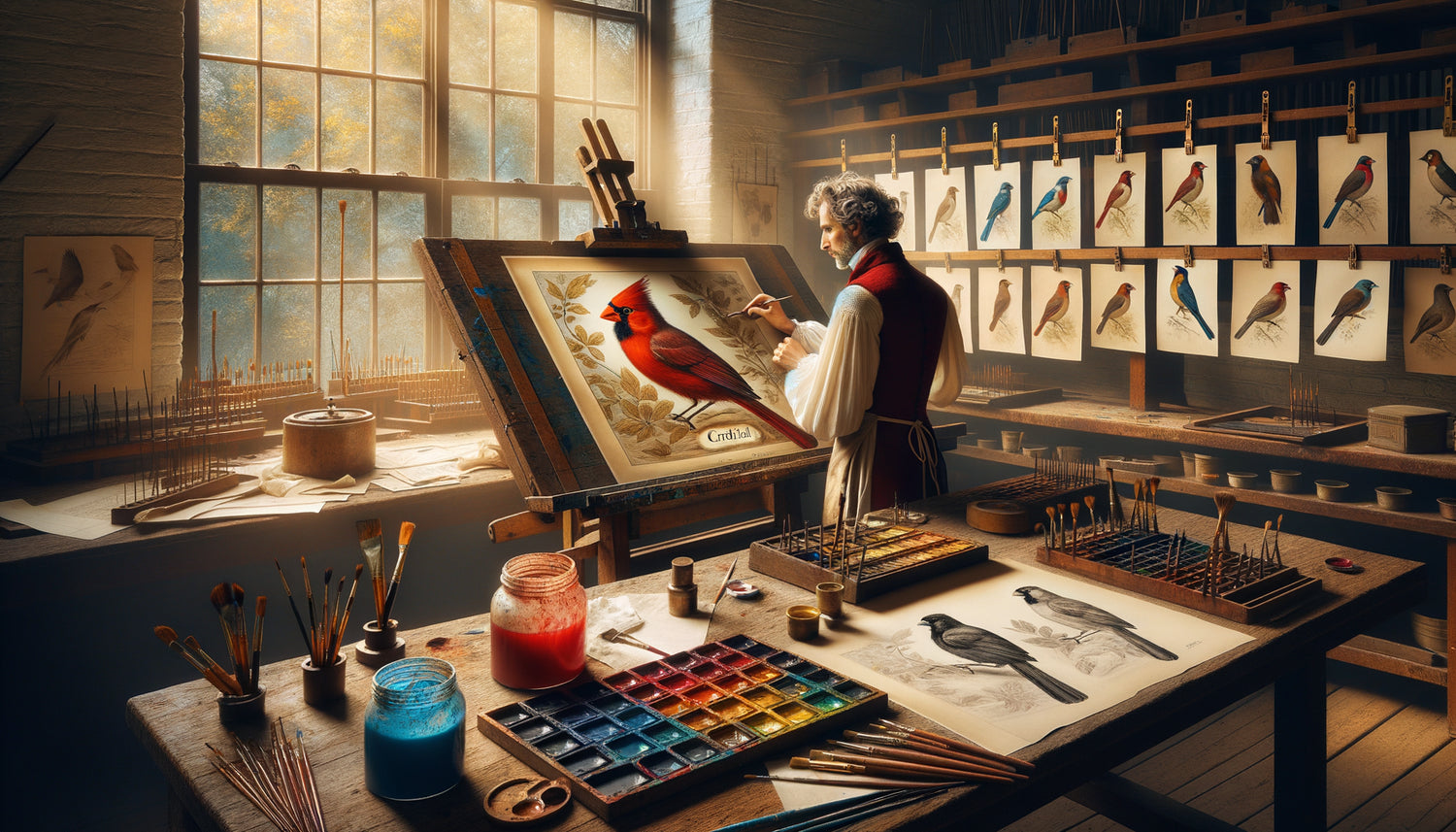 Coloriste du XIXe siècle appliquant l'aquarelle à la main sur une gravure ornithologique d'Audubon dans un atelier d'époque