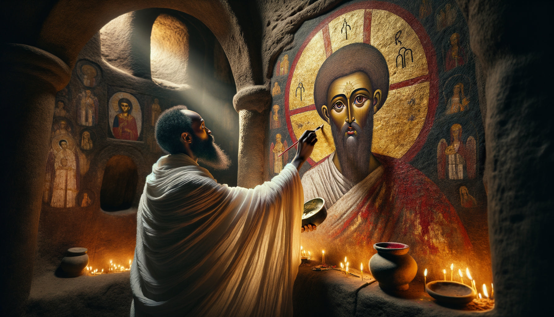 Moine éthiopien peignant une auréole dorée sur fresque rupestre, tradition orthodoxe éthiopienne médiévale, pigments sacrés