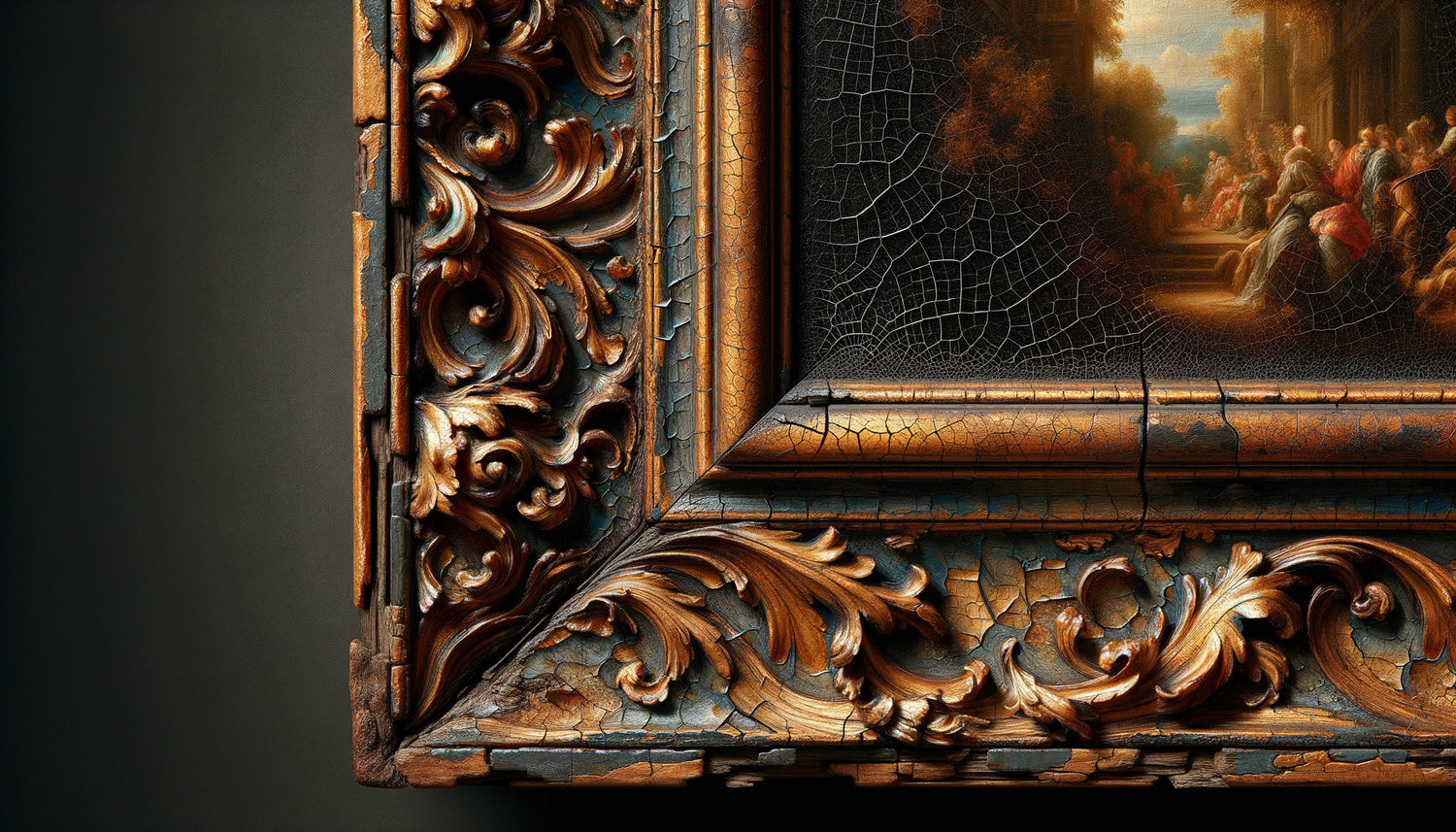 Détail macro d'un tableau ancien authentique montrant craquelures caractéristiques, couches de peinture et patine d'époque pour expertise