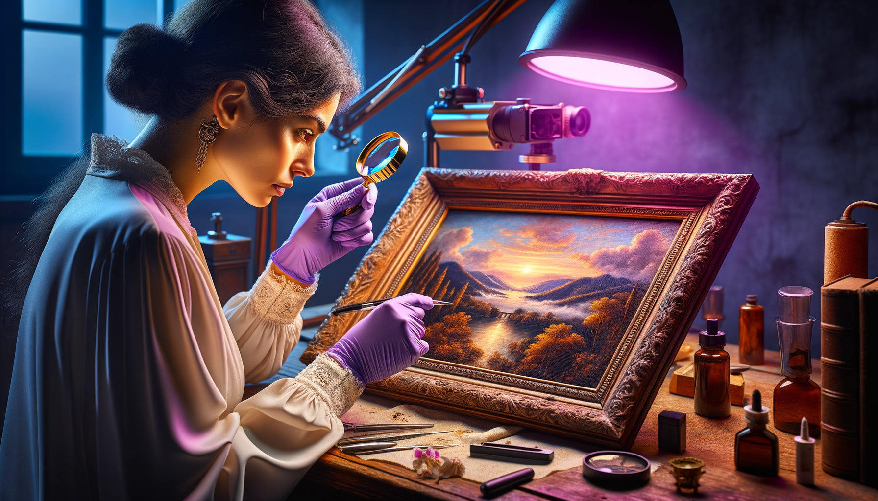 Expert examinant un tableau ancien avec une loupe professionnelle et lampe UV lors d'un processus d'authentification non-invasif