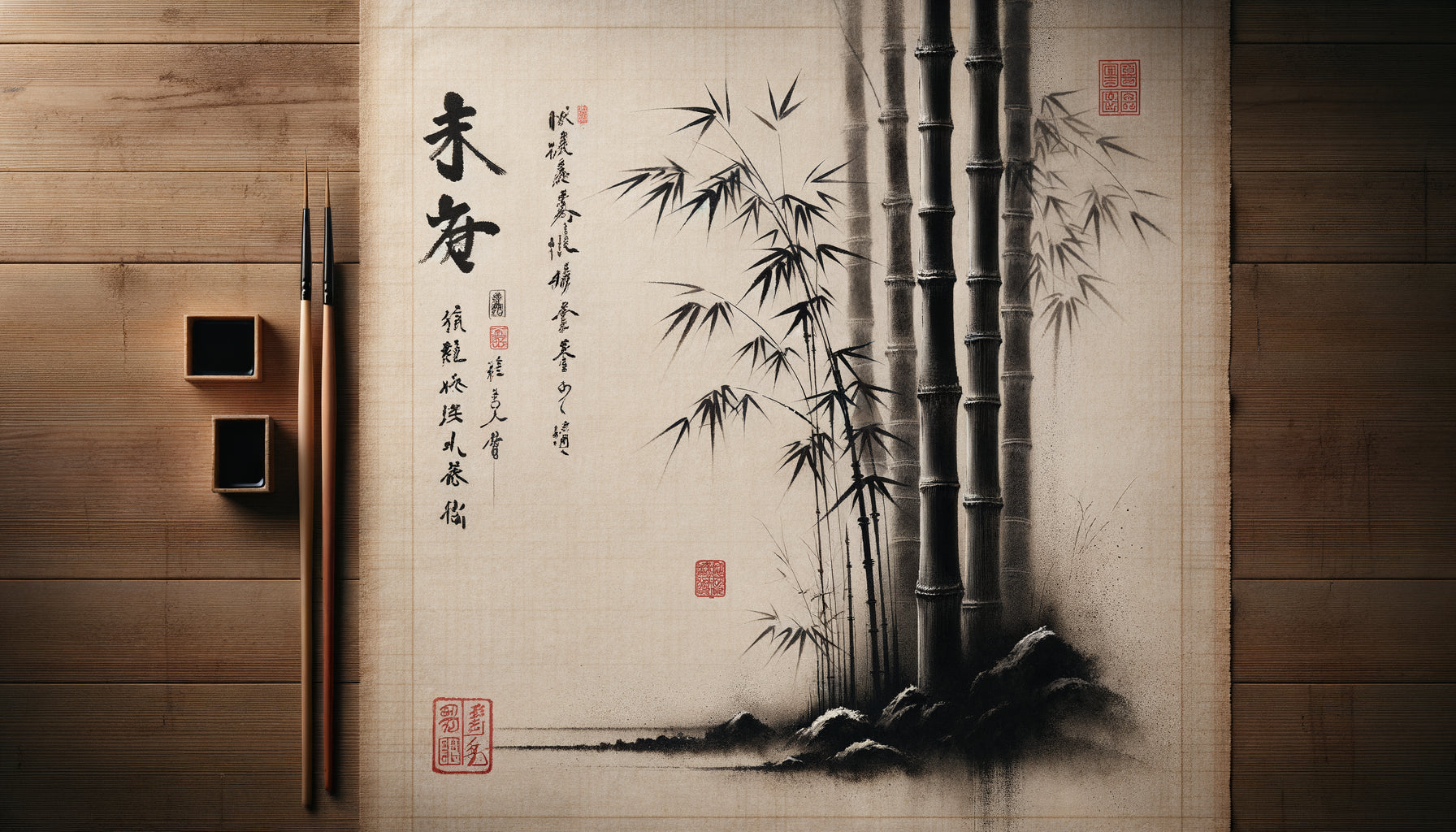 Gros plan d'une peinture zen authentique à l'encre sumi sur papier washi avec cachet rouge traditionnel