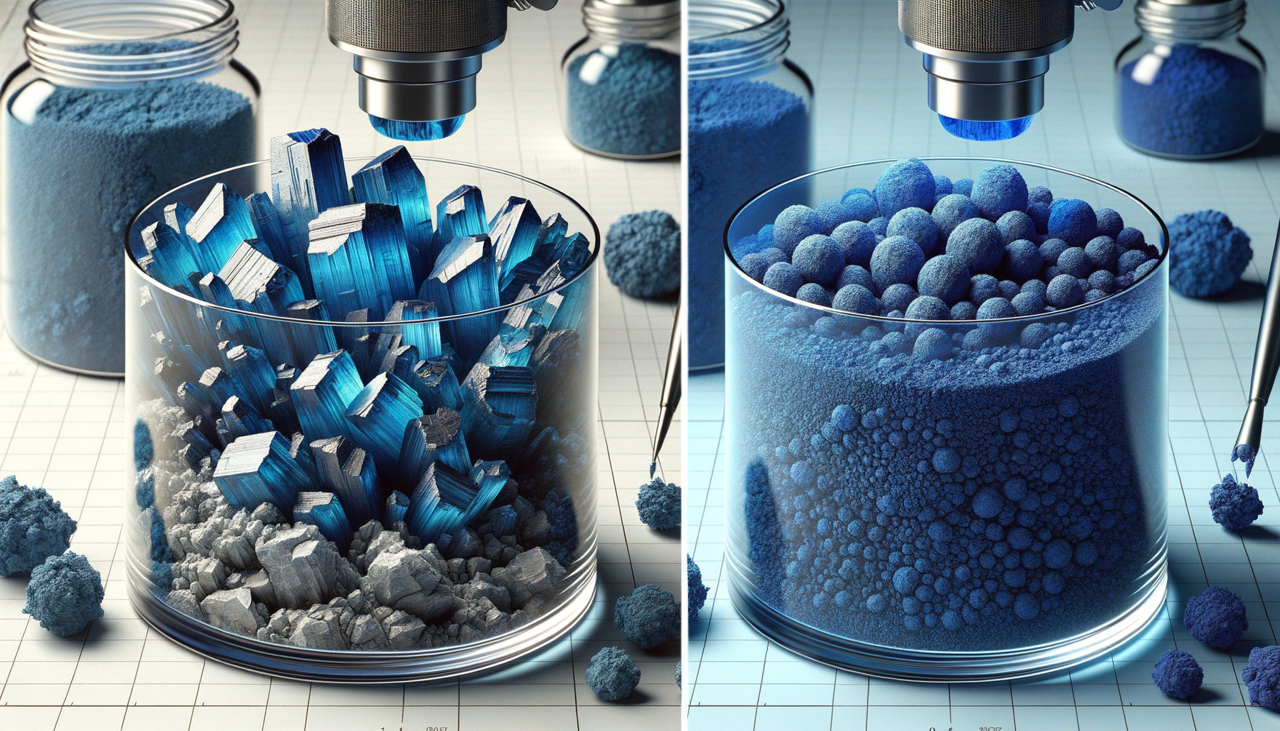 Comparaison microscopique de cristaux d'azurite médiévale irréguliers et pigment de cobalt moderne uniforme pour authentification d'œuvres anciennes