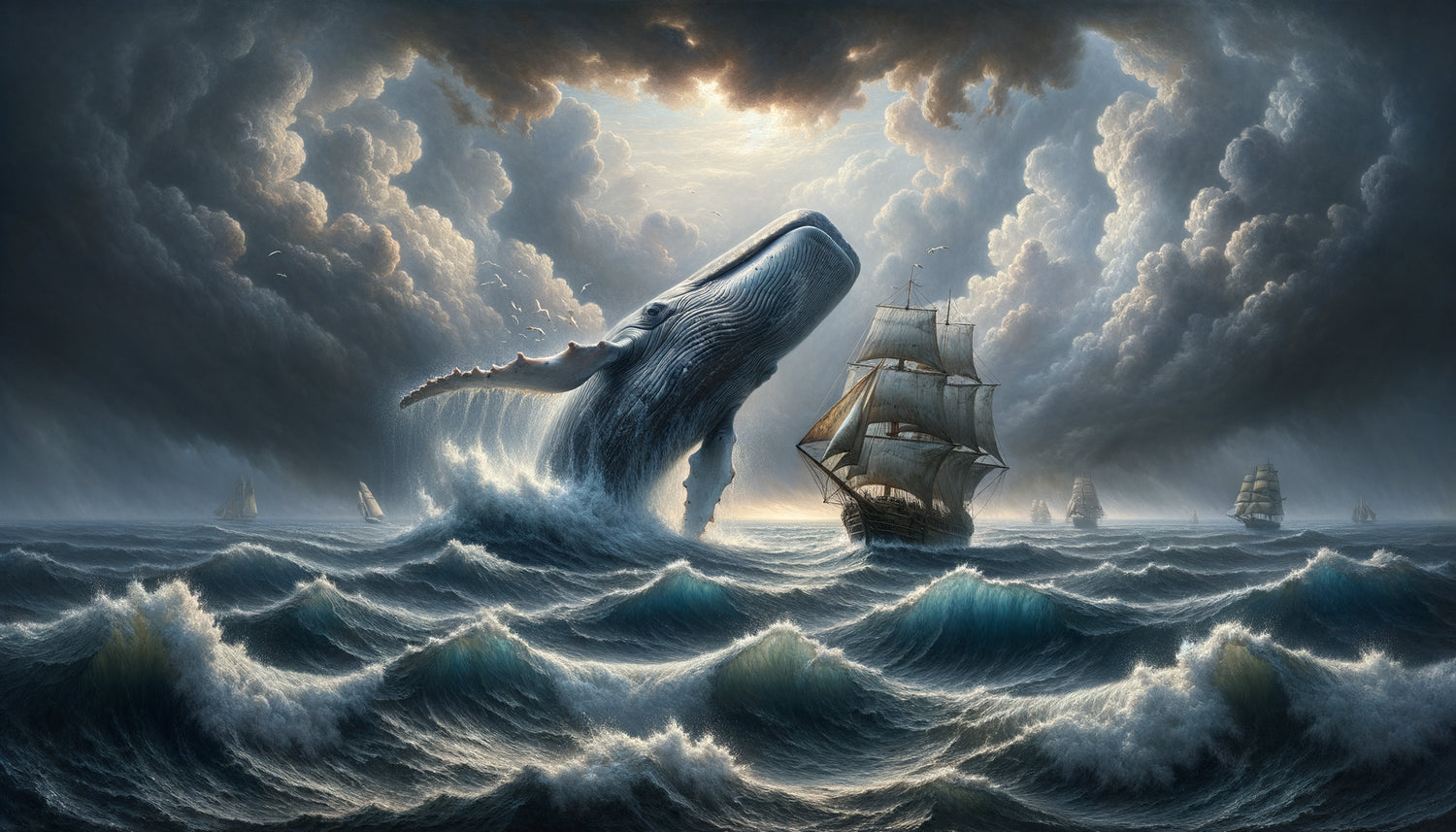 Peinture maritime romantique du XIXe siècle montrant une baleine majestueuse émergeant près d'un navire baleinier