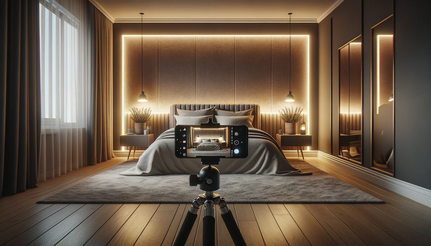 Chambre Airbnb moderne avec bandes LED installées sur les murs créant une ambiance chaleureuse