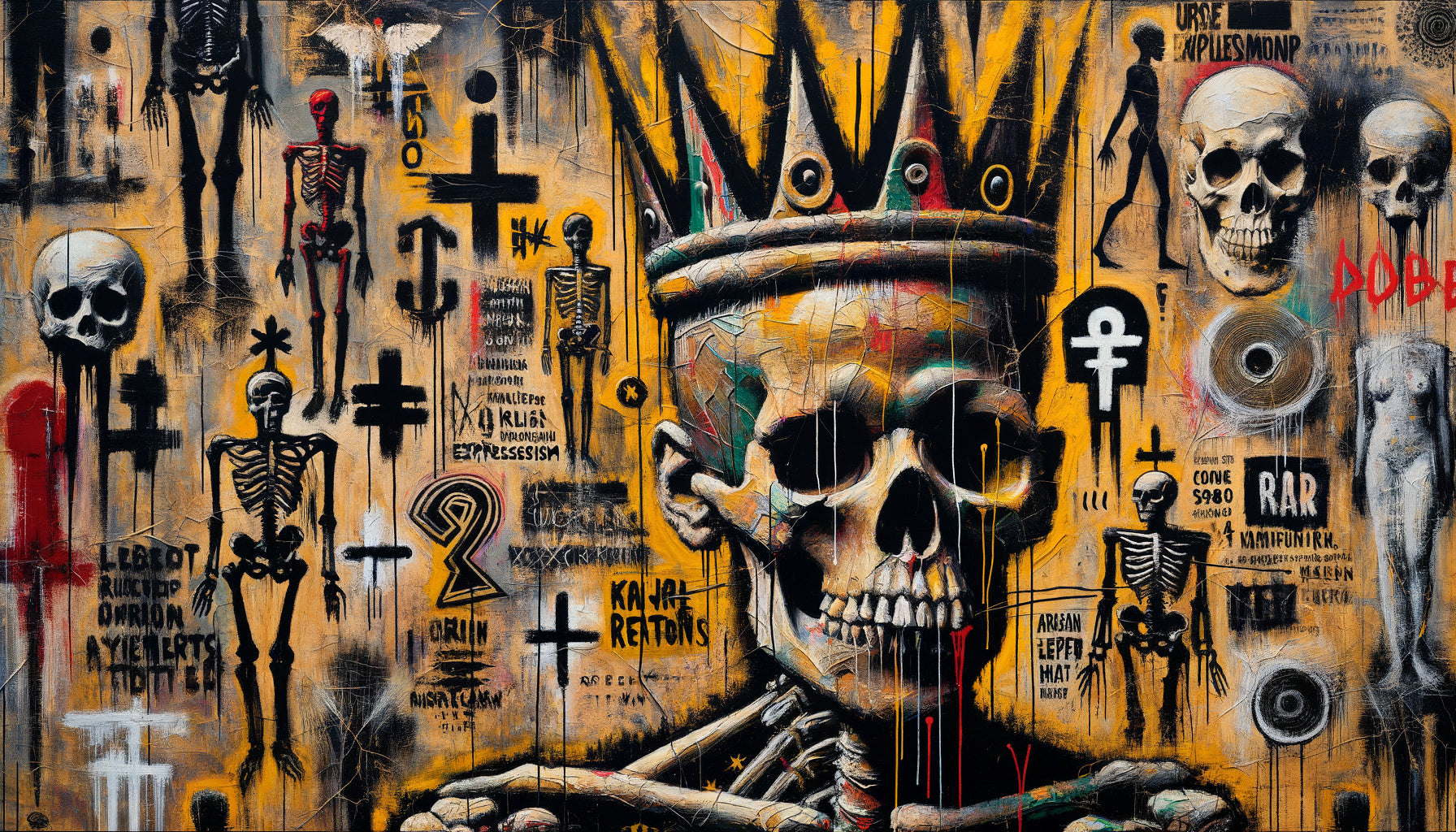 Œuvre néo-expressionniste style Jean-Michel Basquiat, lignes gestuelles noires, symboles primitifs, esthétique graffiti urbain années 1980