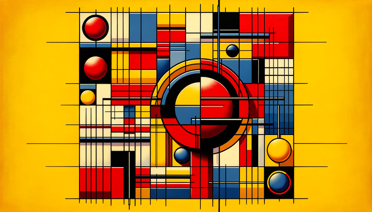 Peinture abstraite géométrique du Bauhaus années 1920, formes pures et couleurs primaires, rejet total de la figuration