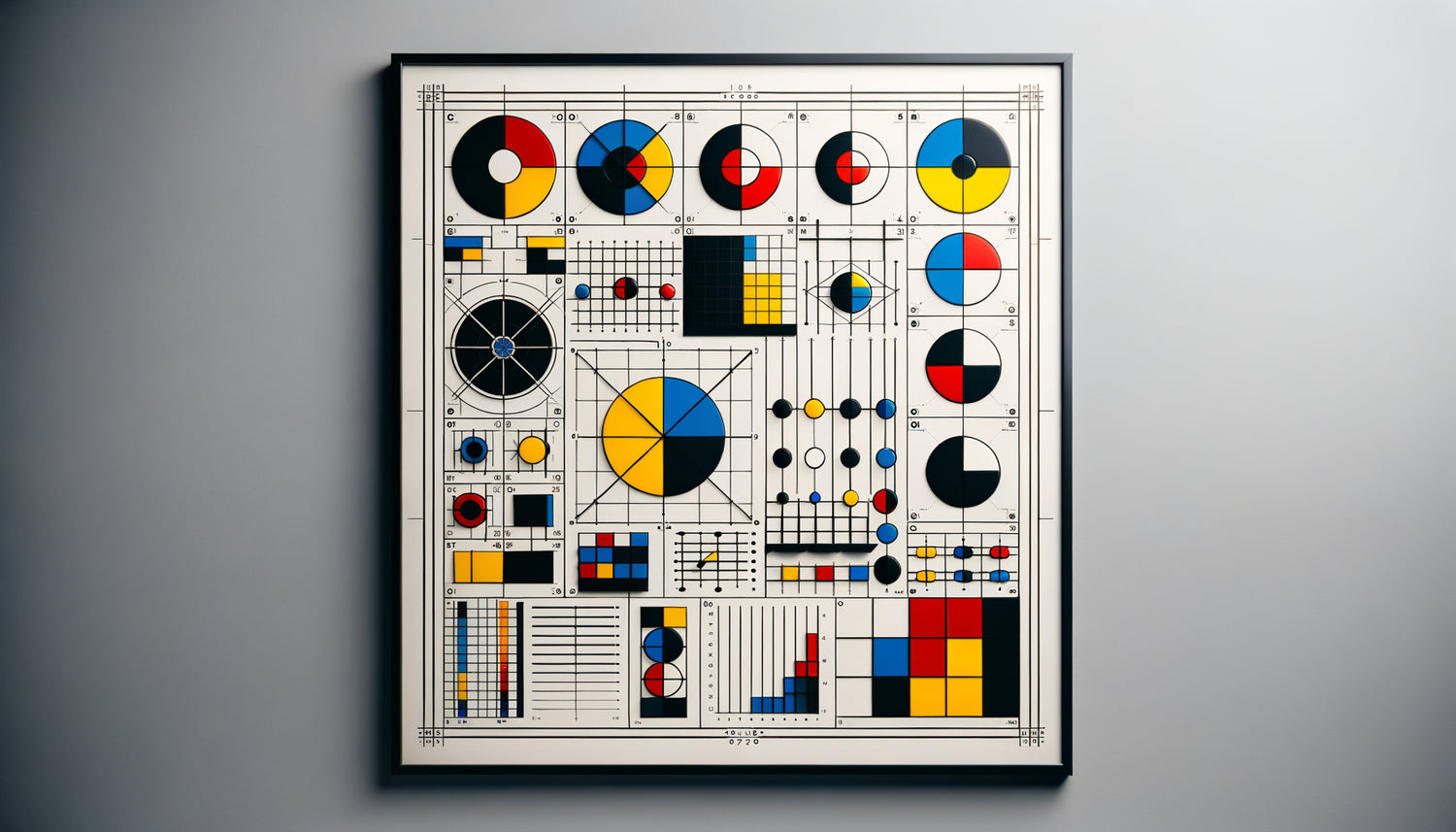 Composition abstraite géométrique Bauhaus années 1920, formes primaires et couleurs systématiques démontrant la méthodologie scientifique de l'école allemande
