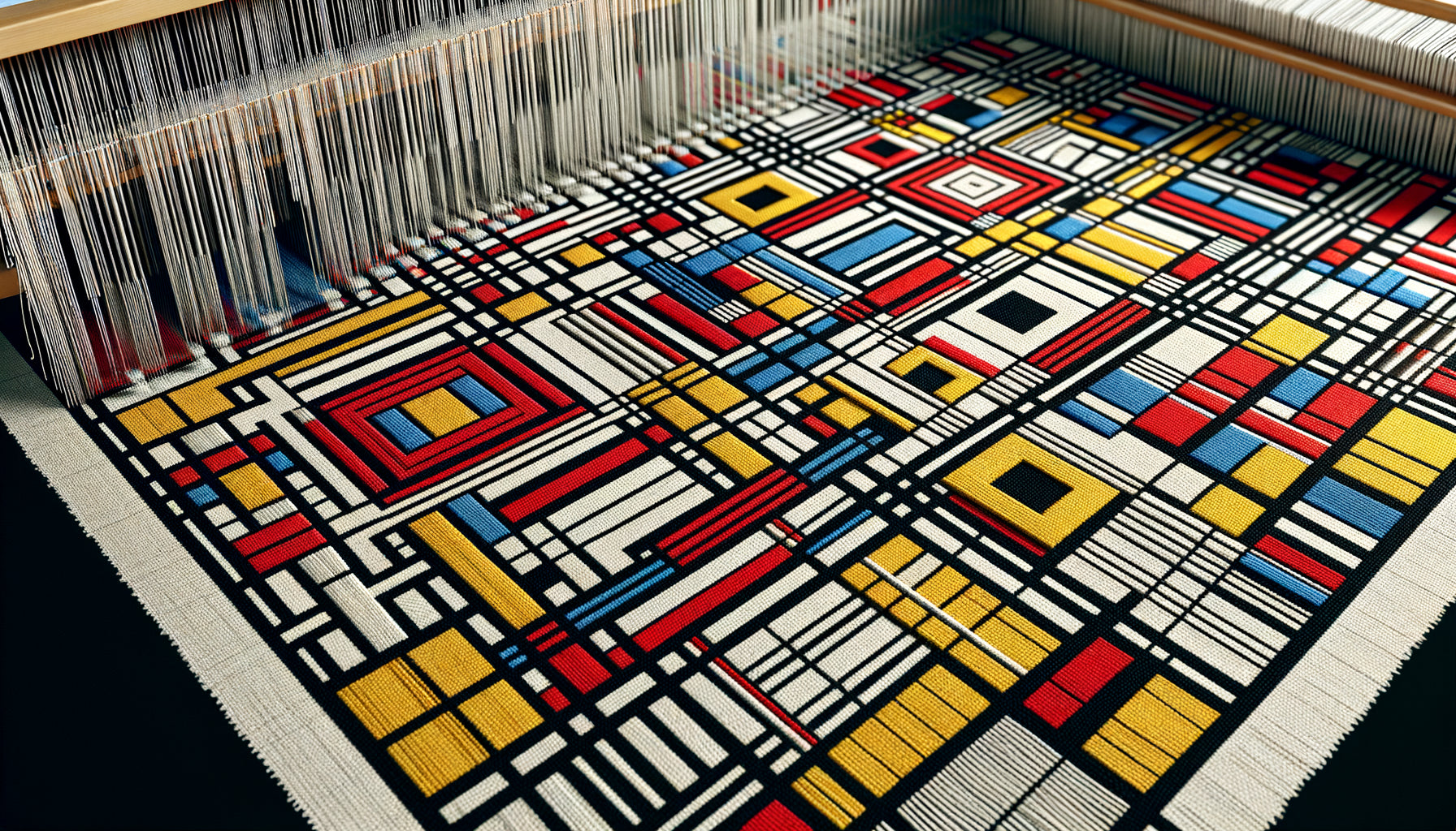 Textile Bauhaus années 1920 sur métier à tisser, motifs géométriques abstraits en couleurs primaires, trame visible