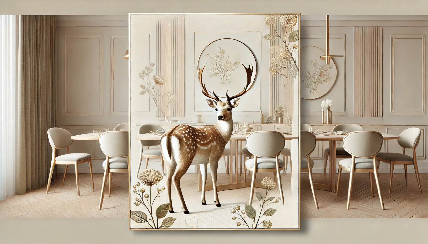 Tableau représentant une biche élégante dans une salle à manger moderne avec des accents dorés et un mobilier en bois clair. Un design chic et naturel, idéal pour une décoration raffinée.