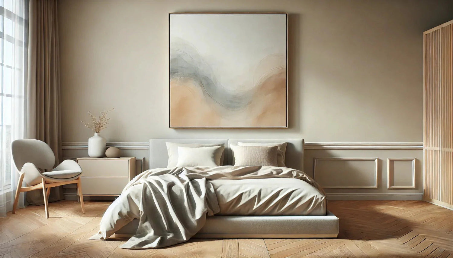 "Chambre moderne avec un tableau abstrait minimaliste en tons doux (beige, blanc, gris) au-dessus d'un lit neutre, créant une ambiance apaisante et contemporaine."