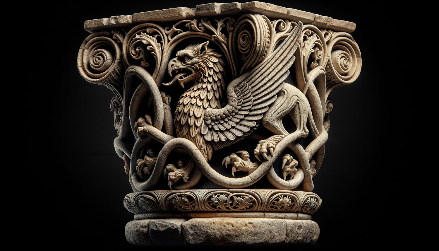 Chapiteau roman du XIIe siècle sculpté de griffons et dragons entrelacés, art mural médiéval en pierre
