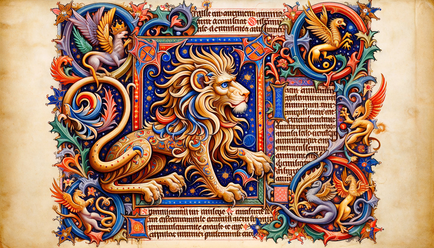Enluminure médiévale de bestiaire du 13e siècle avec lion stylisé, bordures ornementales dorées et pigments médiévaux authentiques