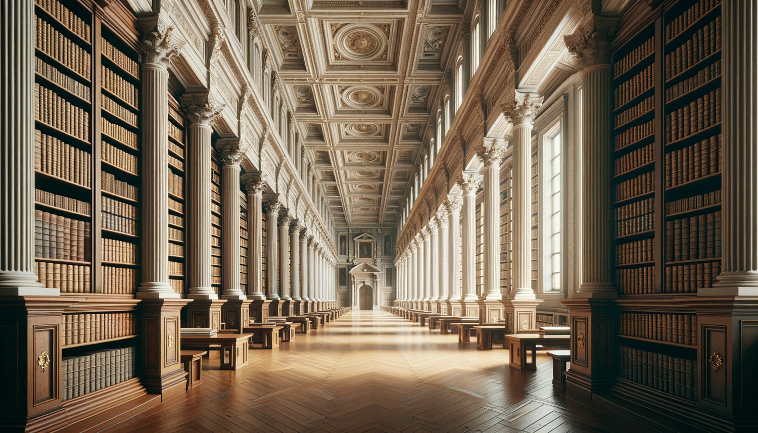 Intérieur sobre de la bibliothèque Angelica à Rome au XVIIe siècle, architecture baroque minimaliste contrastant avec l'opulence de l'époque