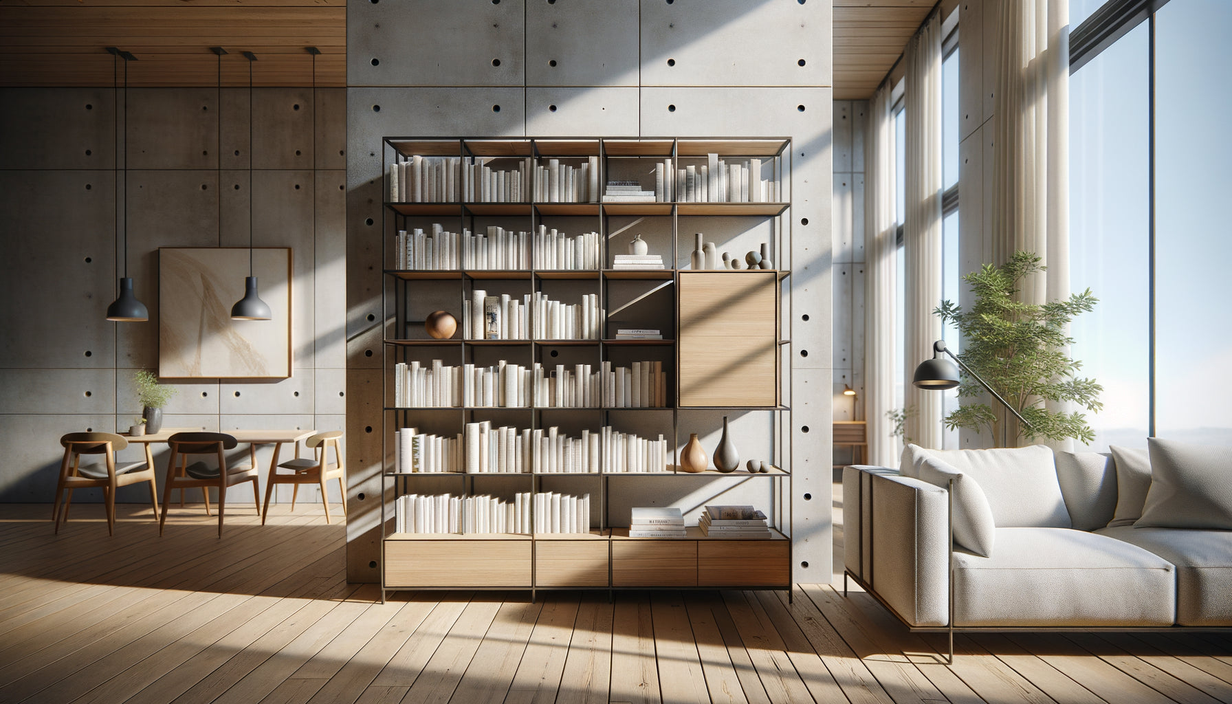 Bibliothèque autoportante moderne avec base large et livres répartis du lourd vers le léger pour stabilité optimale